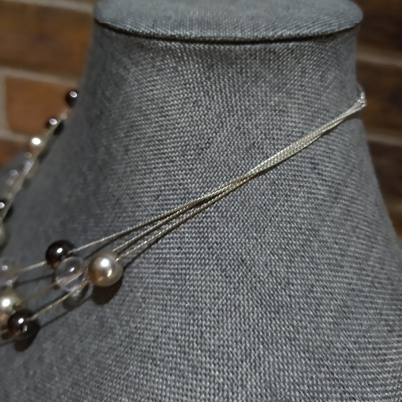 Layered faux Pearl silver black clear chain necklace - Picture 10 of 15